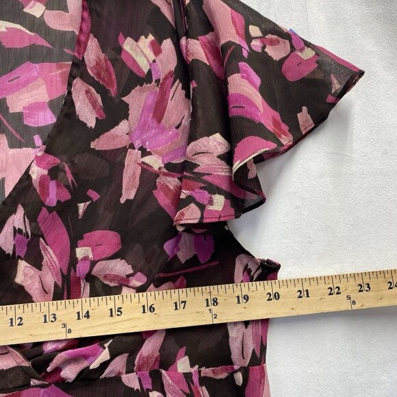 Lane Bryant Sheer V-Neck Short Flutter Sleeve Blouse Women Sz 14/16 Brown Floral - Picture 2 of 13